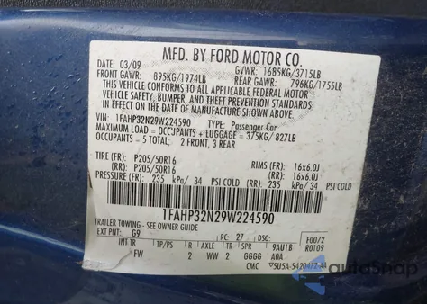 2009 Ford Focus Se z USA, uszkodzony, nr VIN 1FAHP32N29W224590